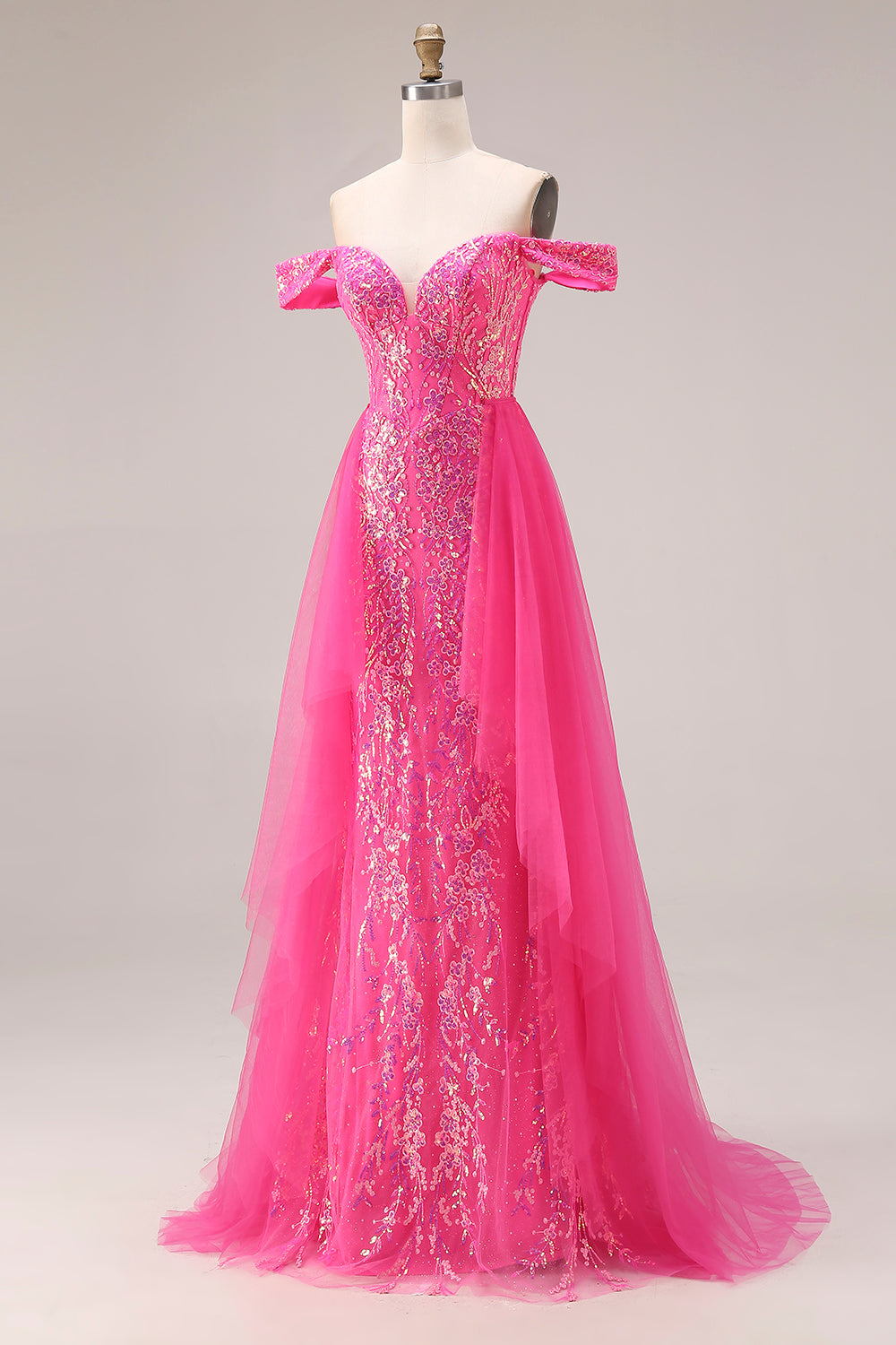 Sparkly Off the Shoulder Appliqued Fuchsia Prom Dress - Image 9