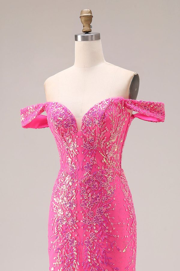 Sparkly Off the Shoulder Appliqued Fuchsia Prom Dress - Image 6