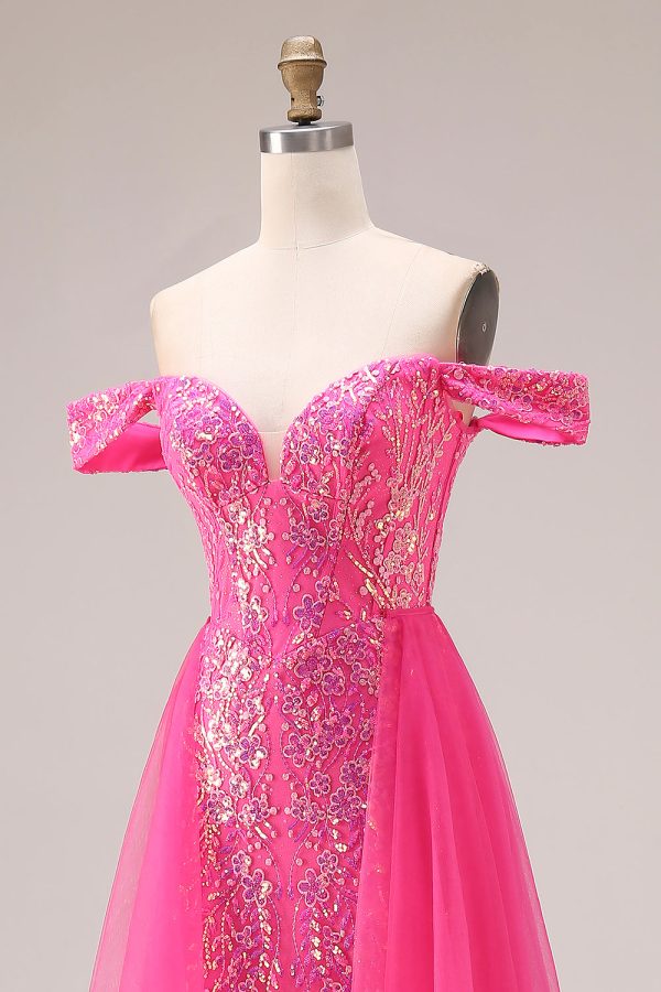 Sparkly Off the Shoulder Appliqued Fuchsia Prom Dress - Image 10