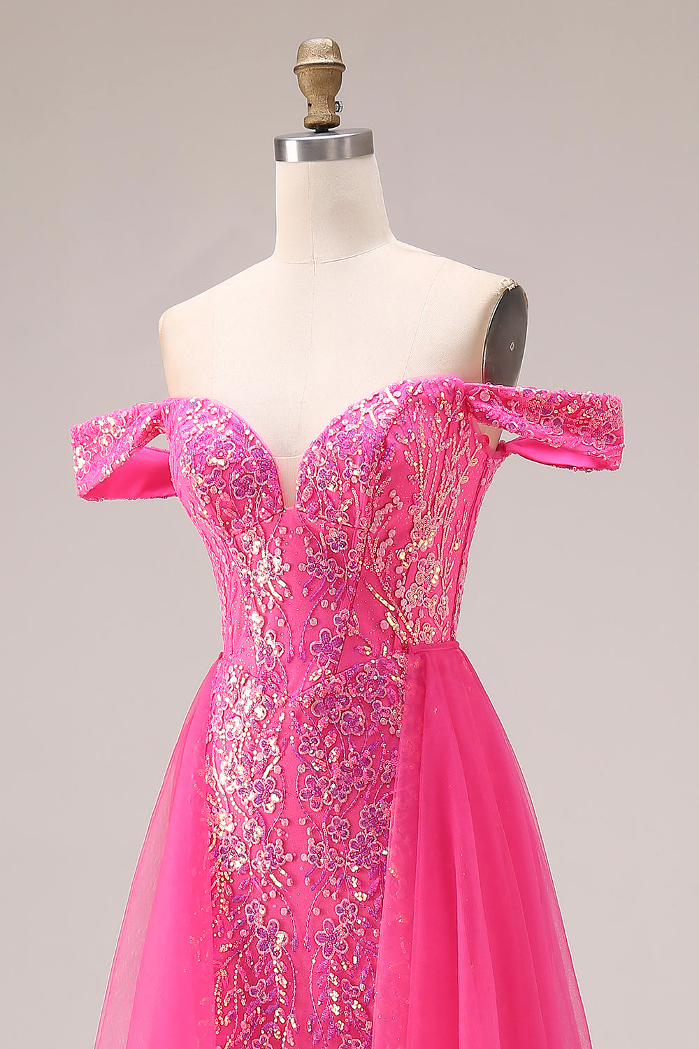 Sparkly Off the Shoulder Appliqued Fuchsia Prom Dress - Image 10