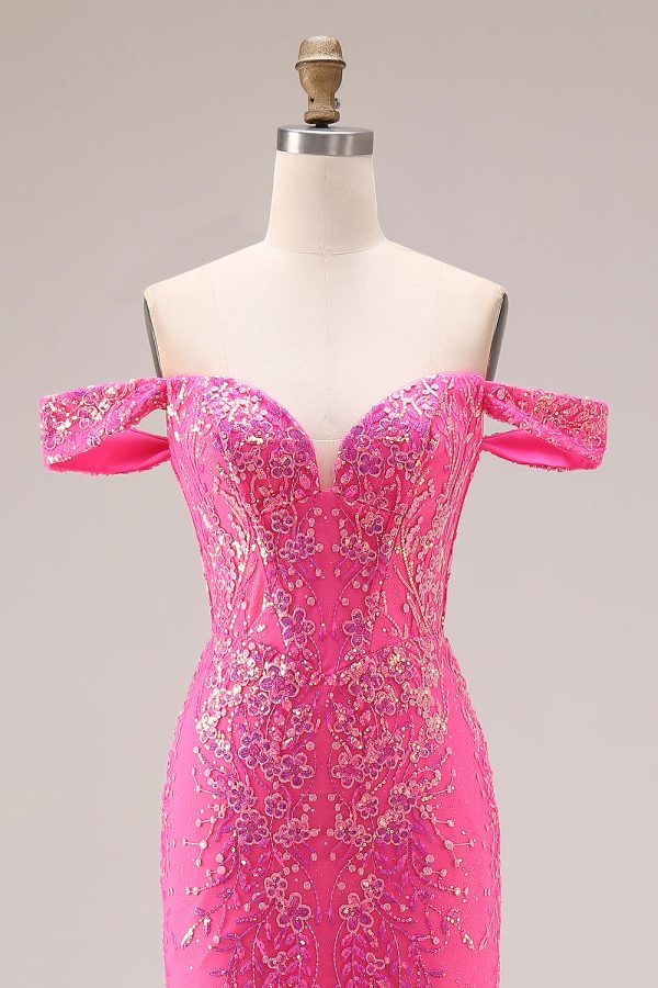 Sparkly Off the Shoulder Appliqued Fuchsia Prom Dress - Image 4