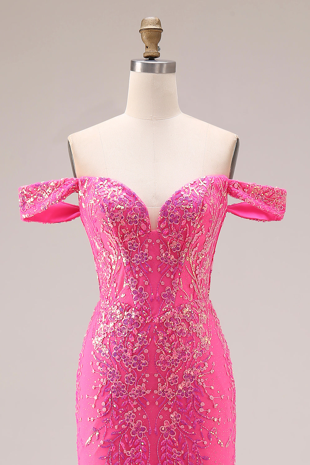 Sparkly Off the Shoulder Appliqued Fuchsia Prom Dress - Image 4