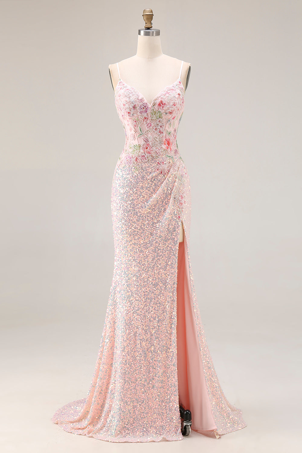 Sparkly Pink Beaded Mermaid Corset Prom Dress - Image 1