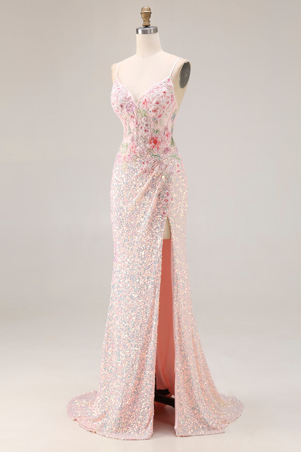 Sparkly Pink Beaded Mermaid Corset Prom Dress - Image 3