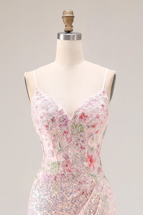 Sparkly Pink Beaded Mermaid Corset Prom Dress - Image 4