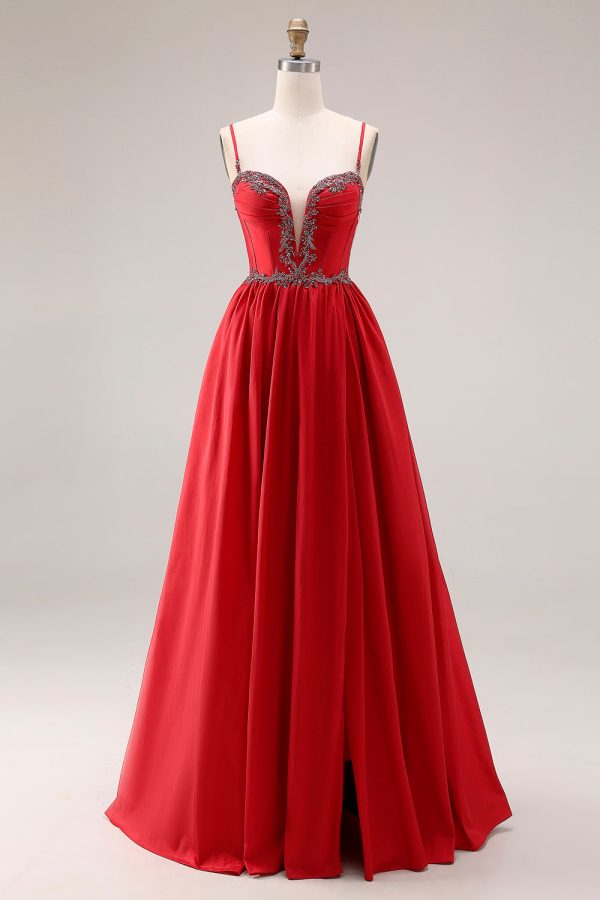 Sparkly Red A Line Pleated Maxi Prom Dress