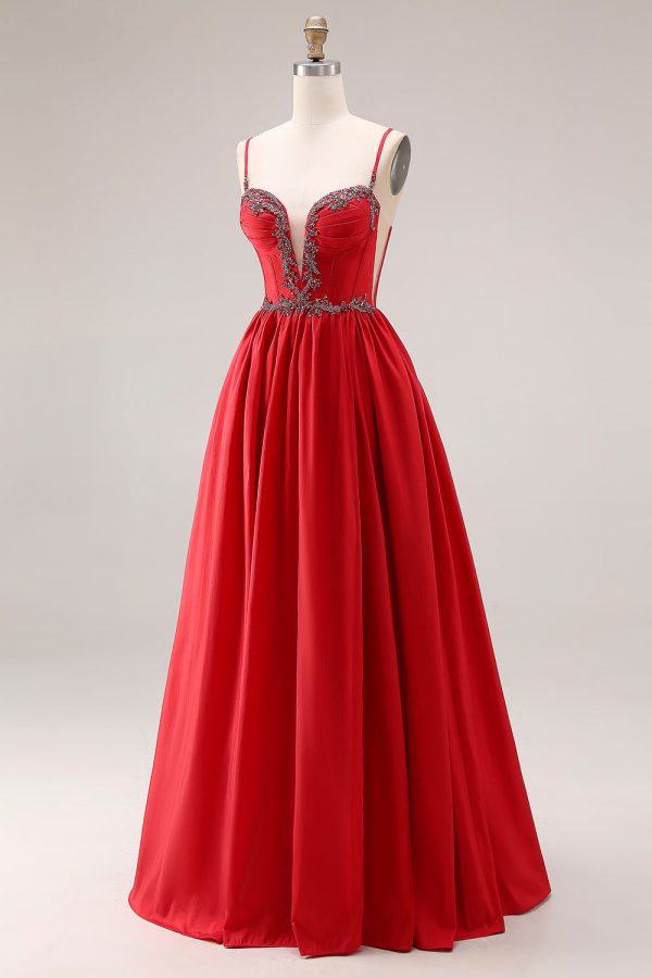 Sparkly Red A Line Pleated Maxi Prom Dress - Image 3