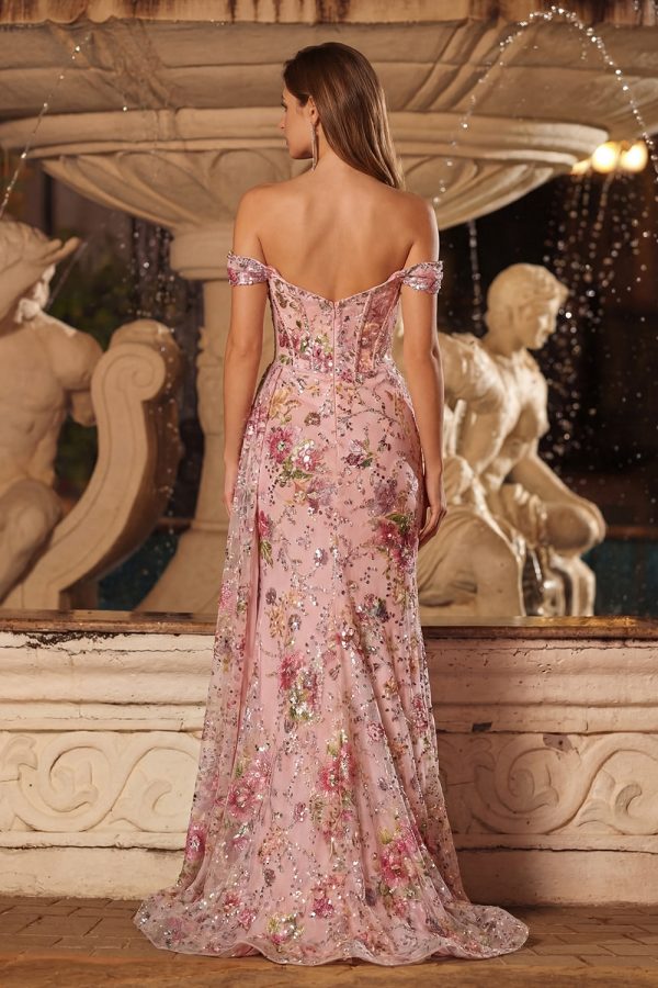 Sparkly Off the Shoulder Corset Floral Pink Prom Dress - Image 2