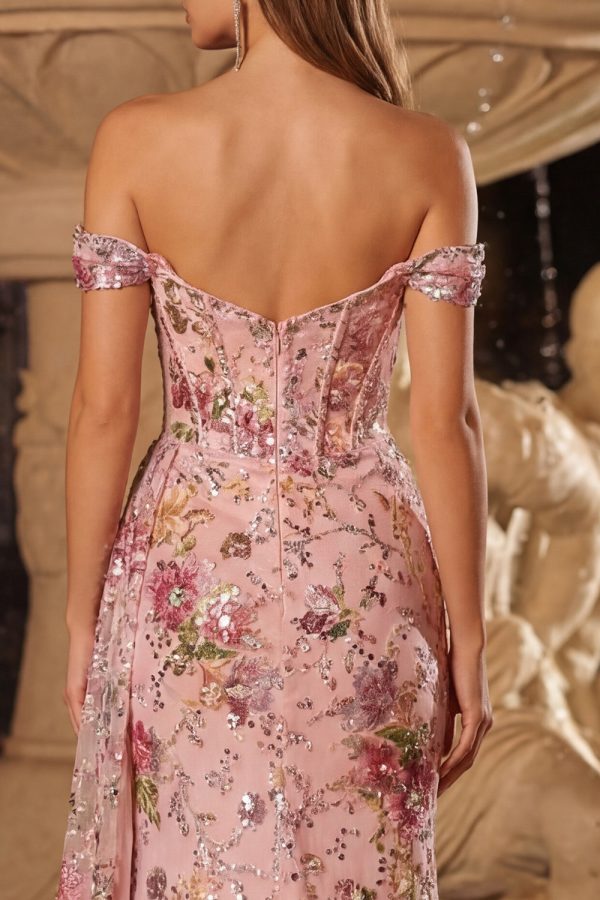 Sparkly Off the Shoulder Corset Floral Pink Prom Dress - Image 4