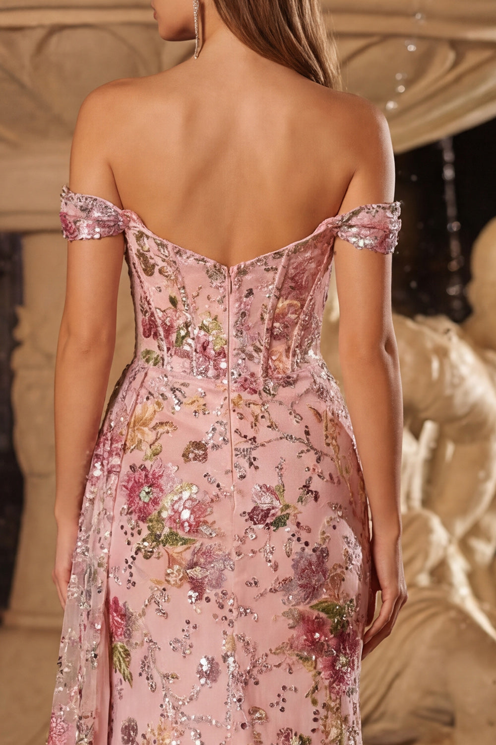 Sparkly Off the Shoulder Corset Floral Pink Prom Dress - Image 4