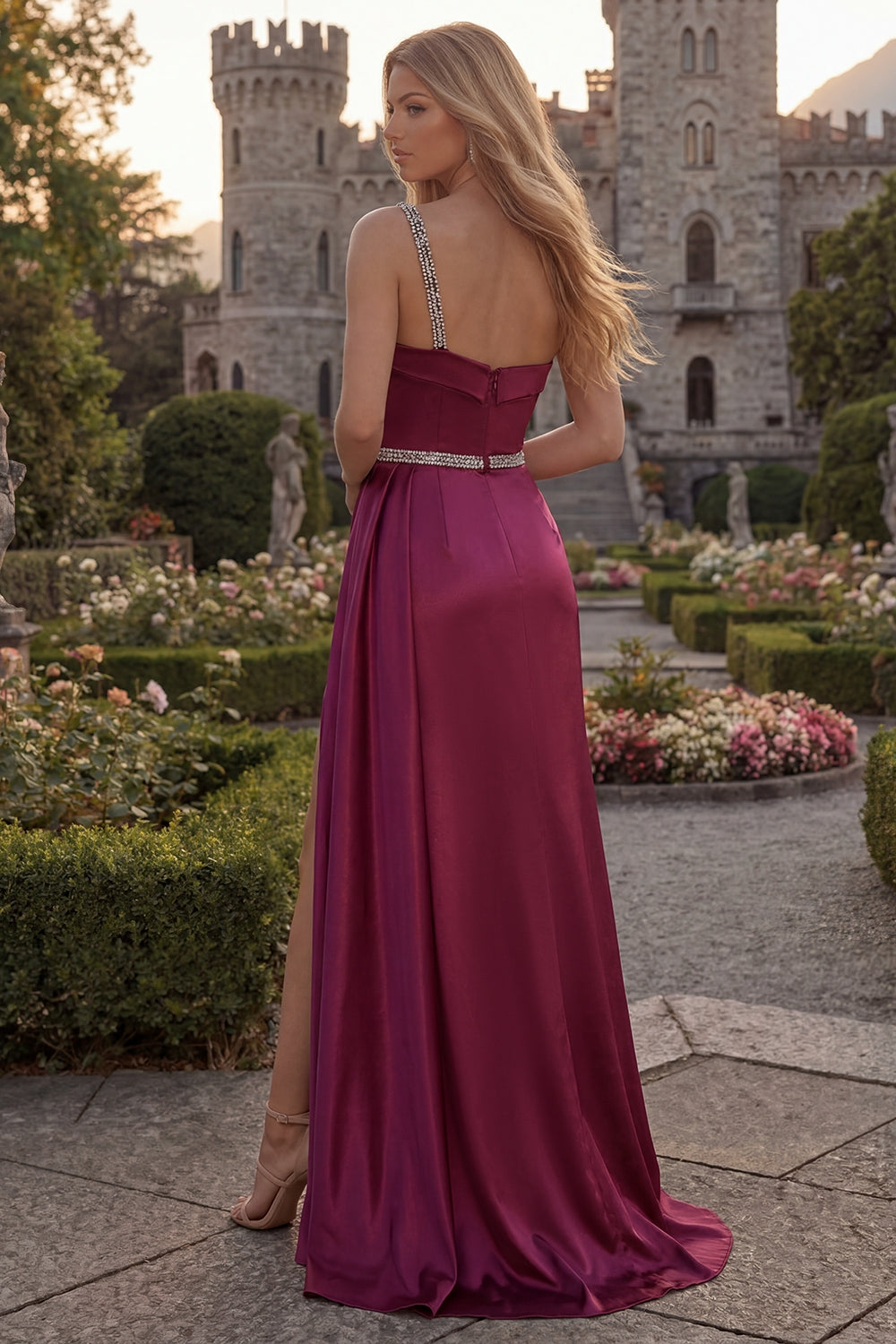 Sparkly One Shoulder Dark Green Ruched Prom Dress - Image 4
