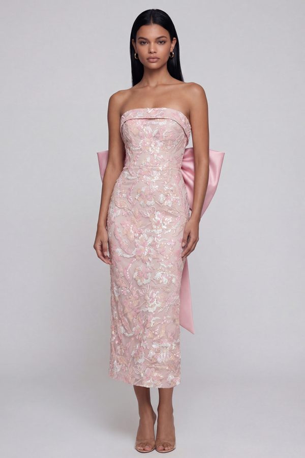 Sparkly Pink Strapless Floral Wedding Guest Dress with Bow