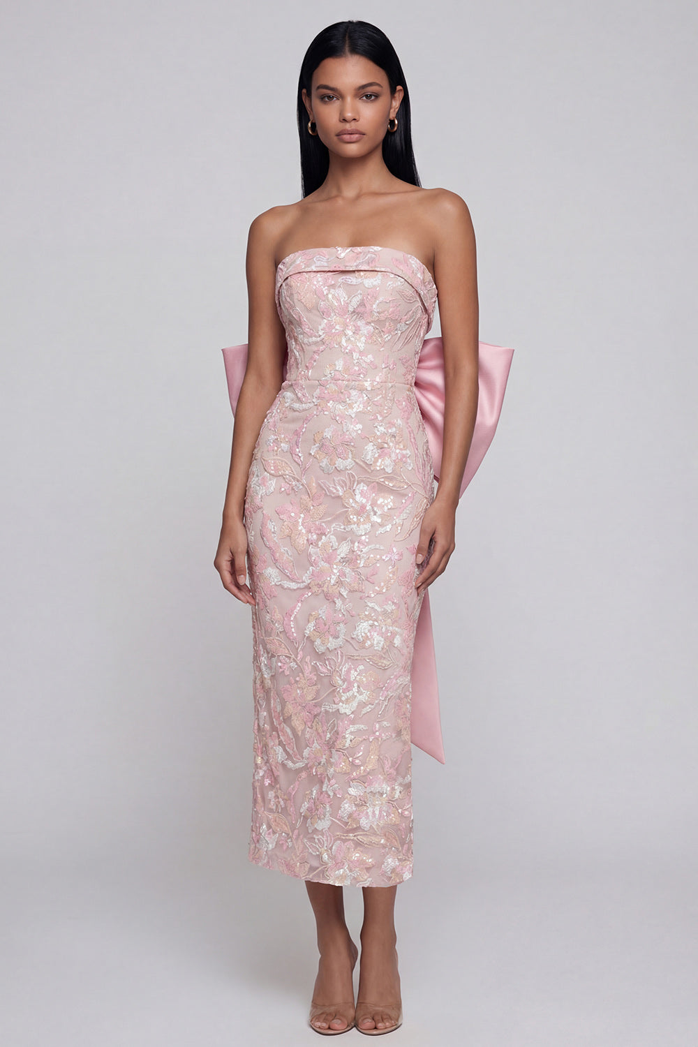 Sparkly Pink Strapless Floral Wedding Guest Dress with Bow - Image 1