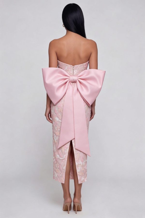 Sparkly Pink Strapless Floral Wedding Guest Dress with Bow - Image 2