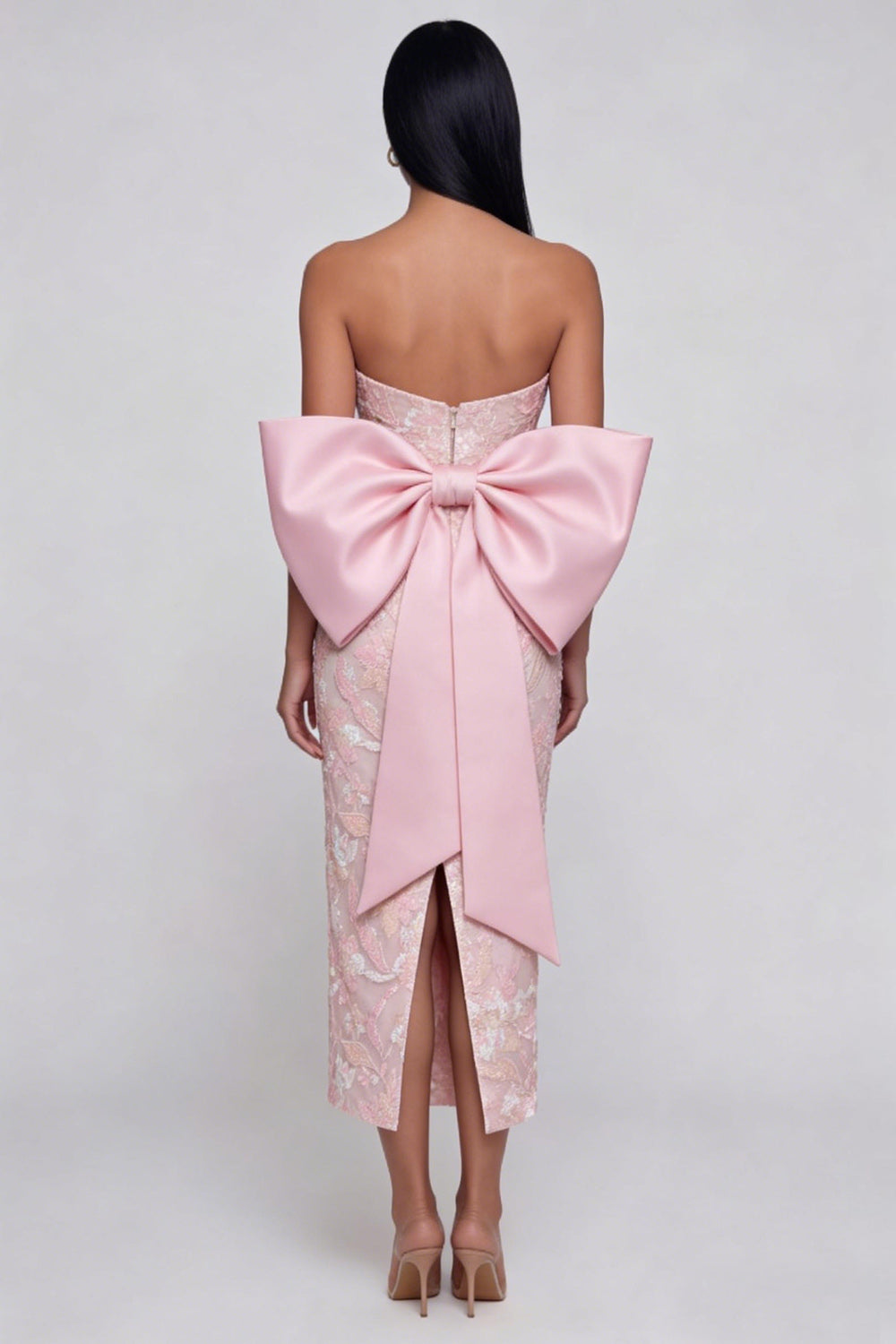 Sparkly Pink Strapless Floral Wedding Guest Dress with Bow - Image 2