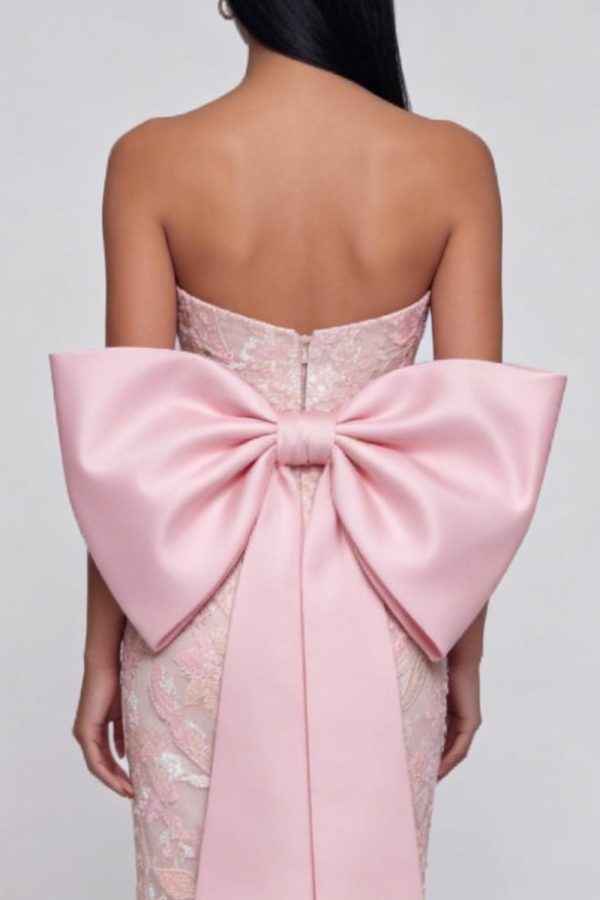 Sparkly Pink Strapless Floral Wedding Guest Dress with Bow - Image 4
