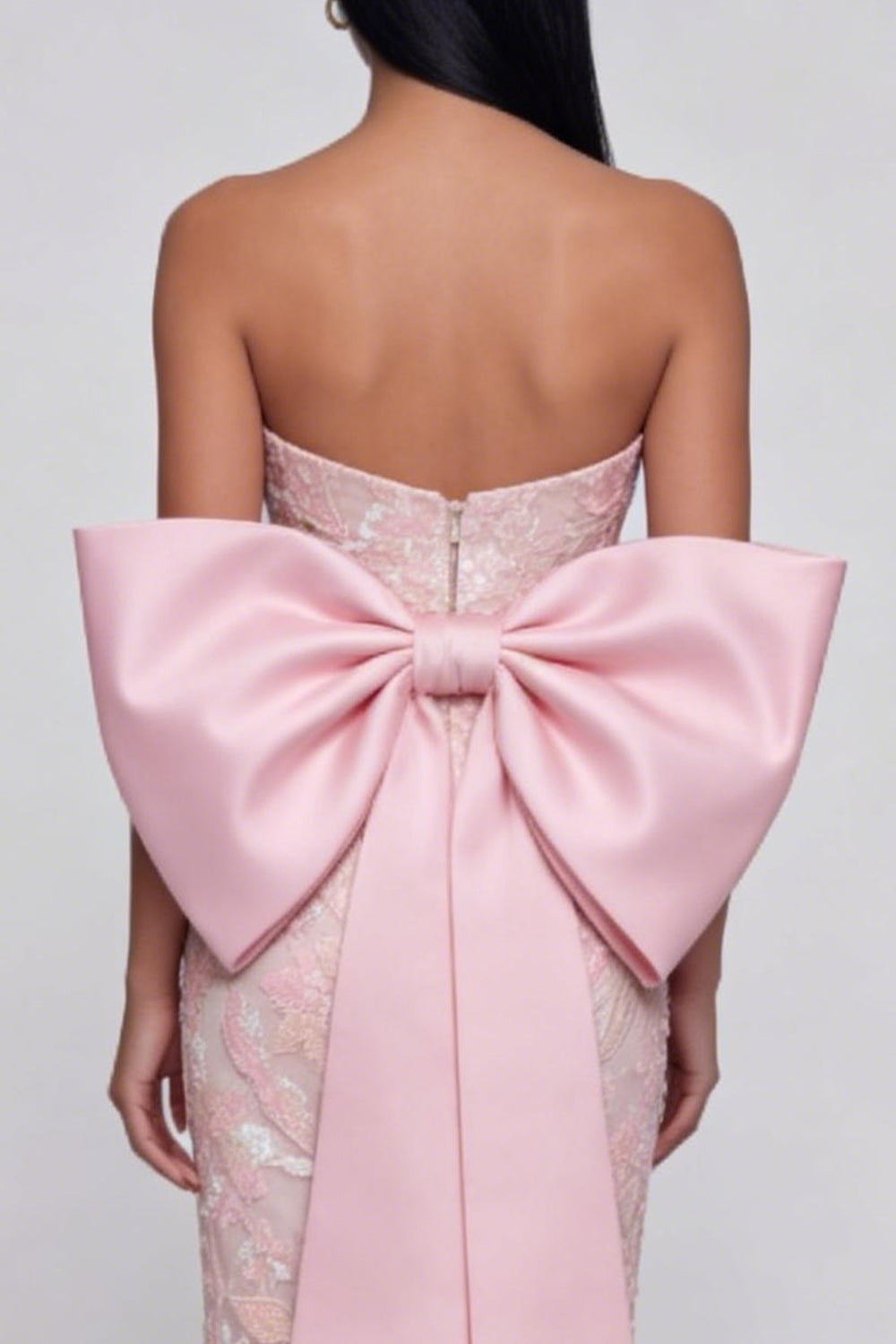 Sparkly Pink Strapless Floral Wedding Guest Dress with Bow - Image 4