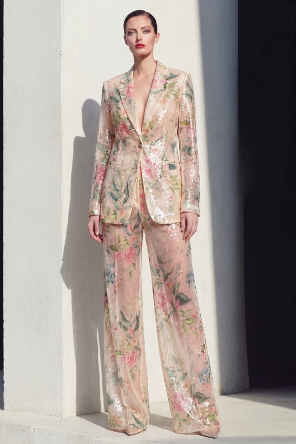 Sparkly Notched Lapel Floral 2 Piece Champagne Women Suits