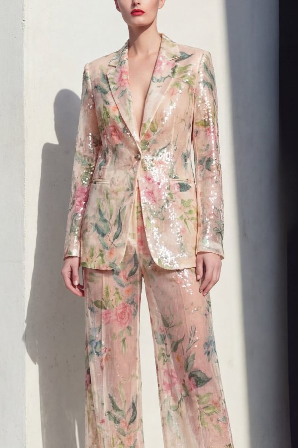 Sparkly Notched Lapel Floral 2 Piece Champagne Women Suits - Image 3