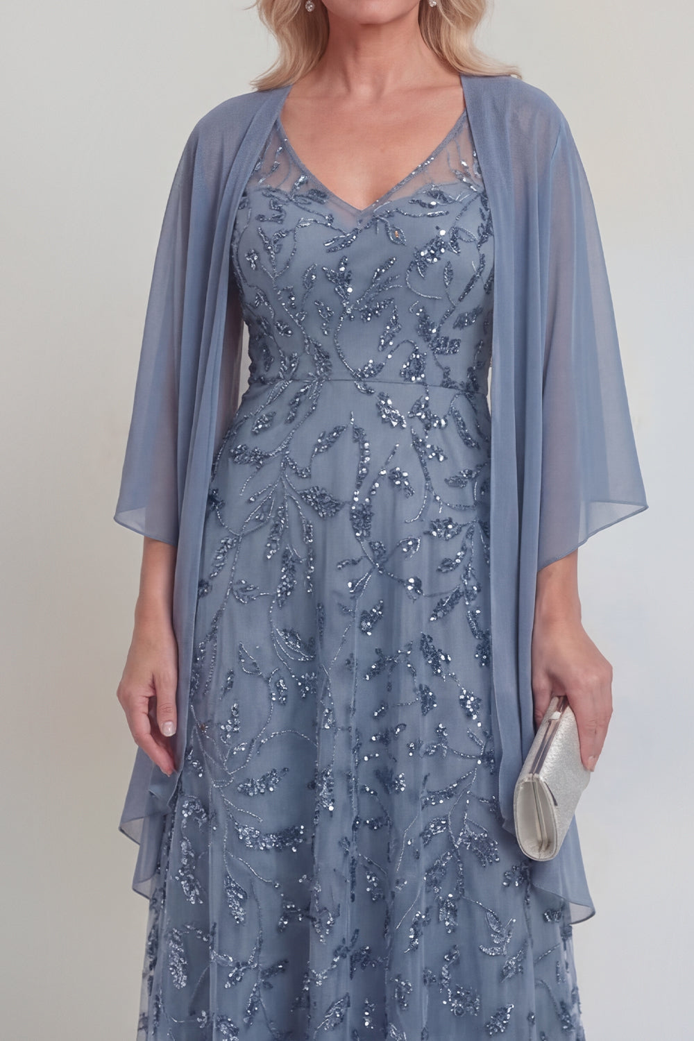 Sparkly Navy A Line V Neck Maxi Mother of the Bride Dress - Image 11