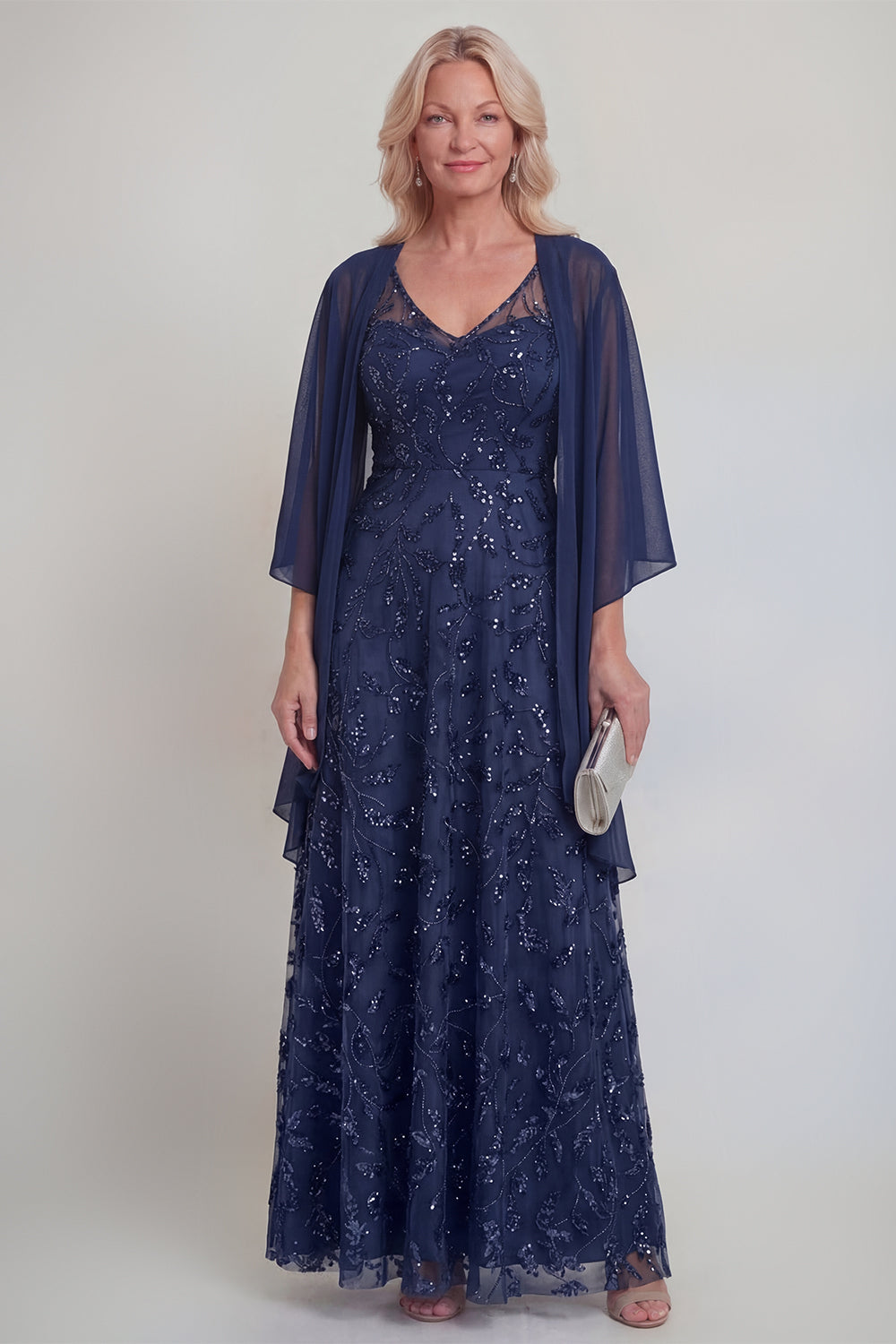 Sparkly Navy A Line V Neck Maxi Mother of the Bride Dress - Image 1