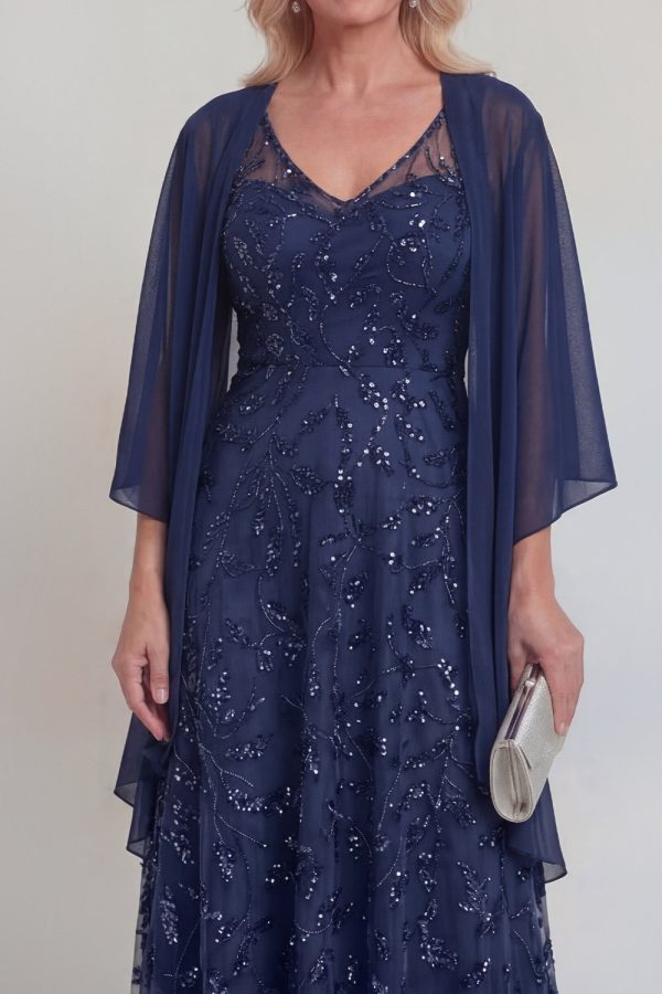 Sparkly Navy A Line V Neck Maxi Mother of the Bride Dress - Image 3