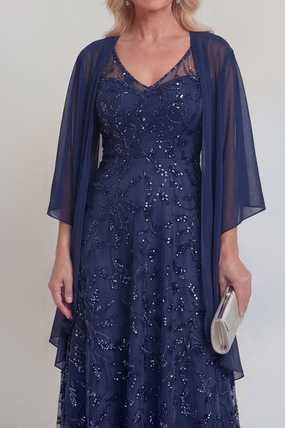 Sparkly Navy A Line V Neck Maxi Mother of the Bride Dress - Image 3