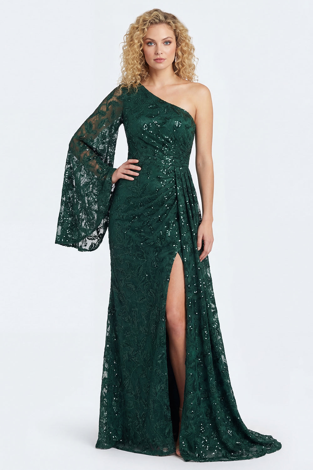 Sparkly One Shoulder Appliqued Dark Green Mother of the Bride Dress - Image 1