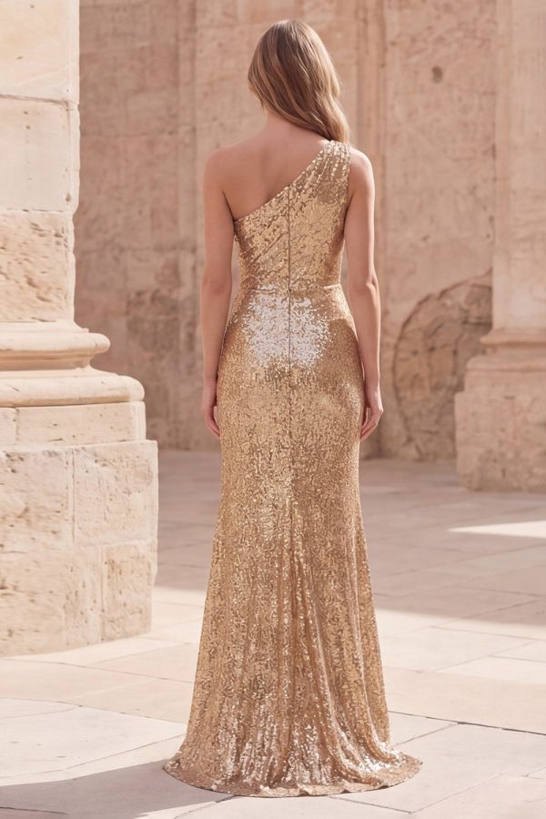 Sparkly One Shoulder Gold Ruched Mermaid Prom Dress - Image 2