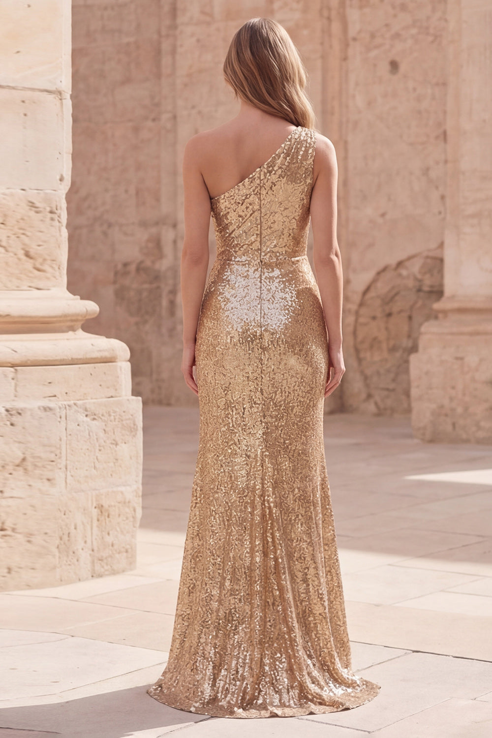 Sparkly One Shoulder Gold Ruched Mermaid Prom Dress - Image 2