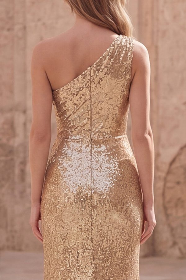 Sparkly One Shoulder Gold Ruched Mermaid Prom Dress - Image 5
