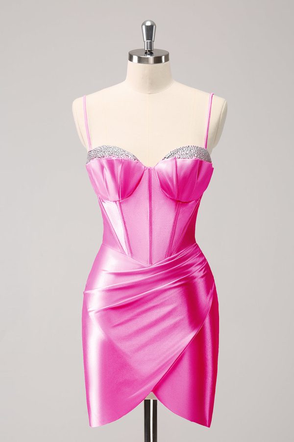 Sparkly Pink Spaghetti Straps Tight Mini Dress with Beading - Image 8