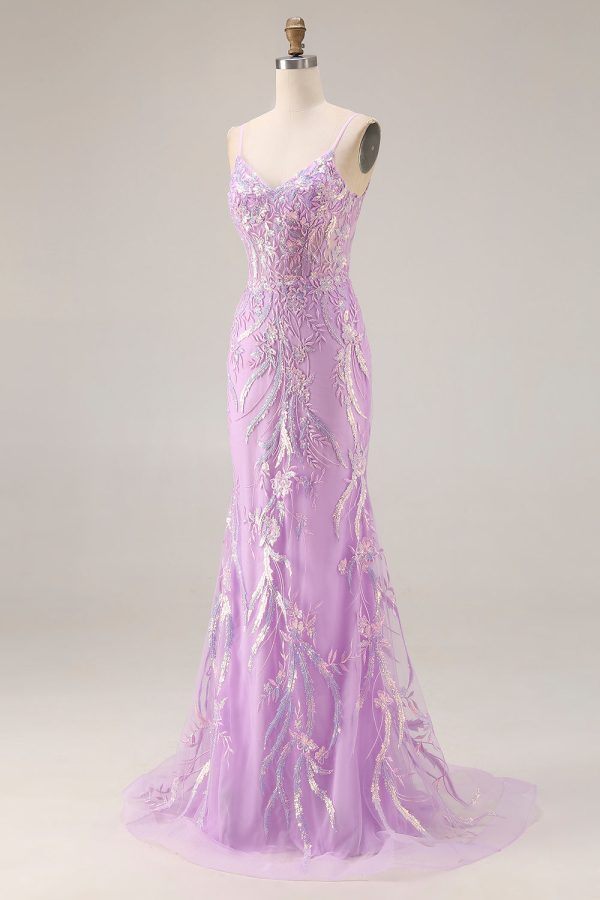 Sparkly Purple Mermaid Appliqued Maxi Prom Dress - Image 3