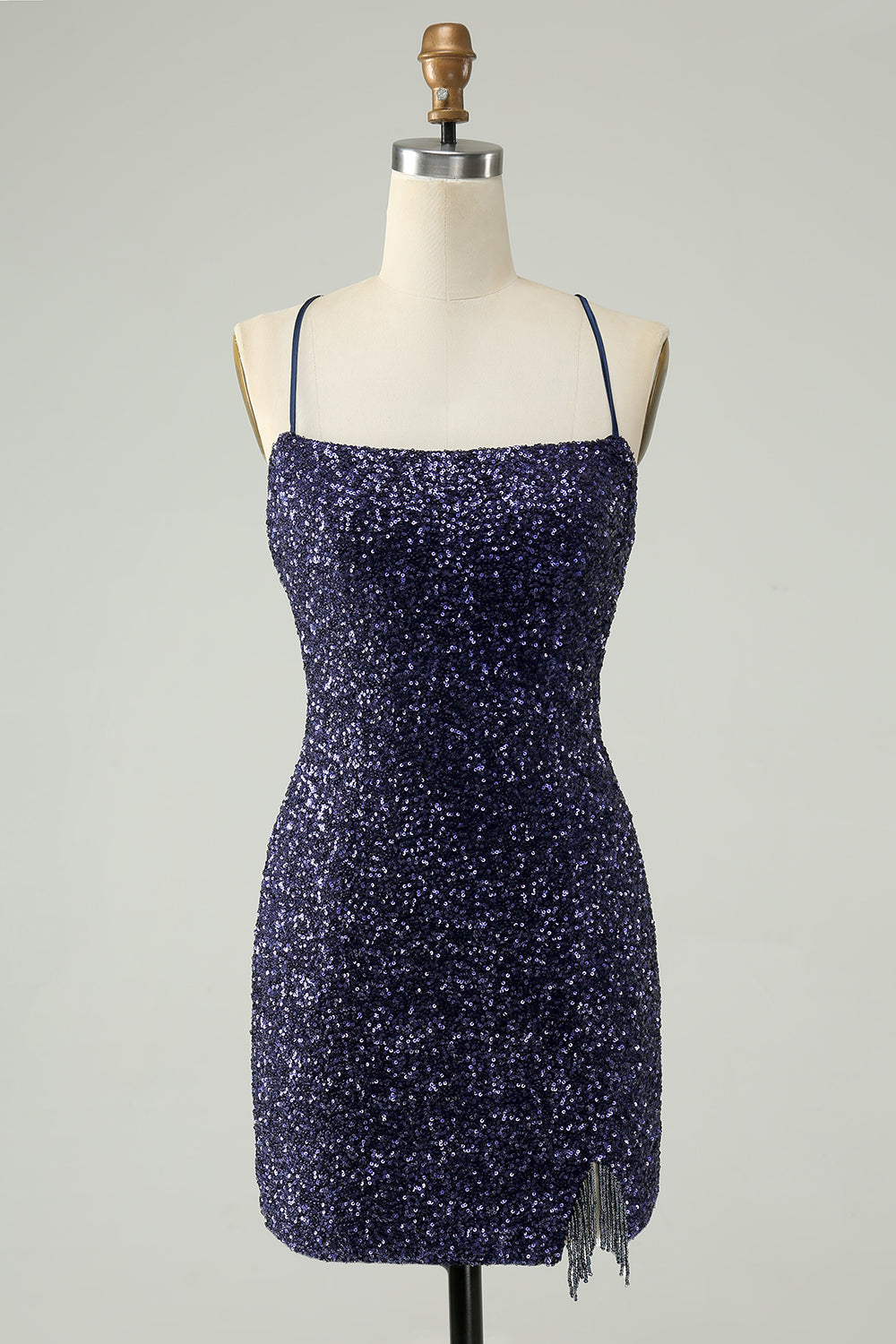 Sparkly Navy Sequins Tight Mini Dress With Fringes - Image 1