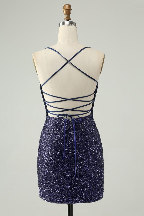 Sparkly Navy Sequins Tight Mini Dress With Fringes - Image 2