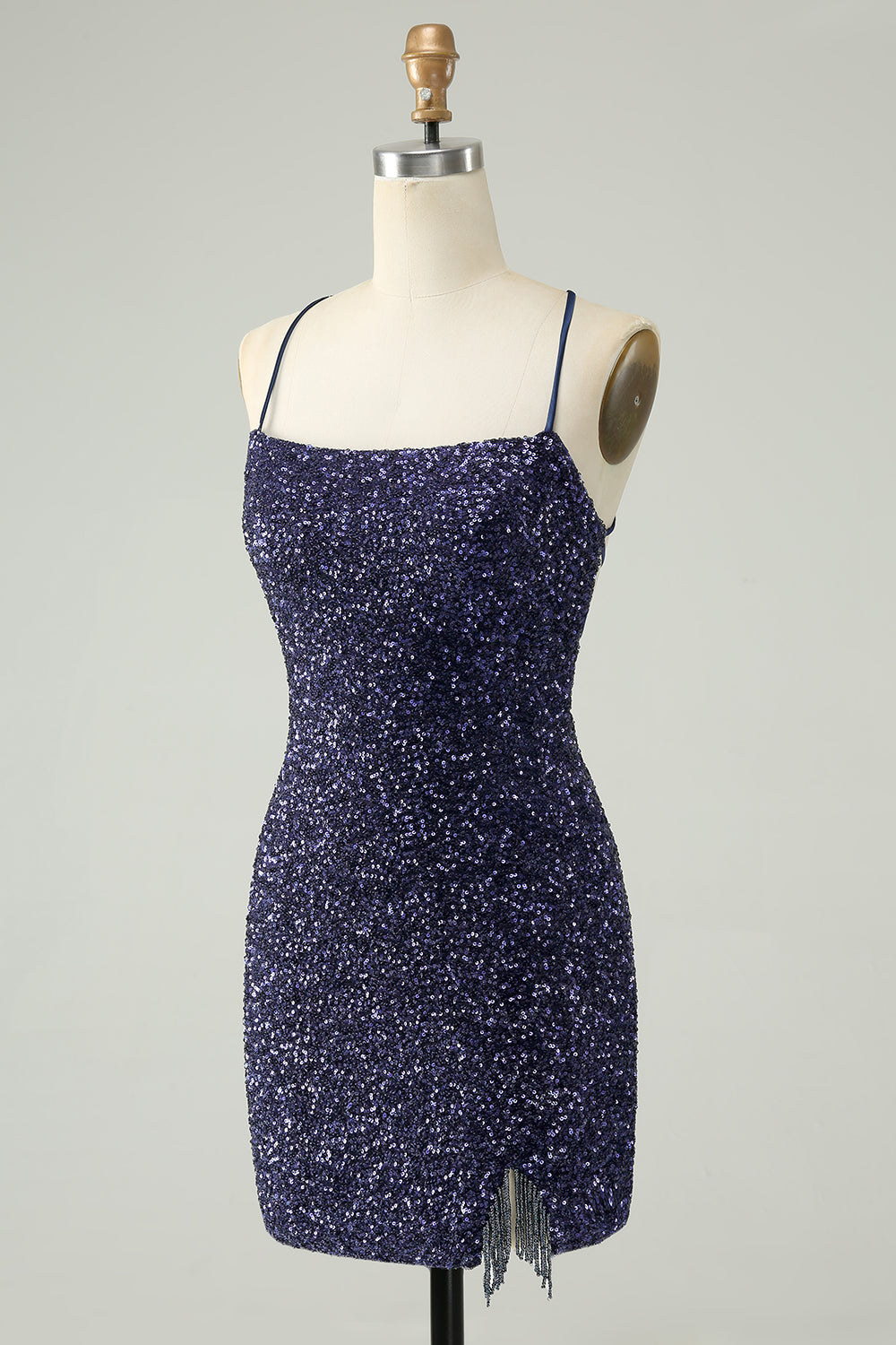 Sparkly Navy Sequins Tight Mini Dress With Fringes - Image 3