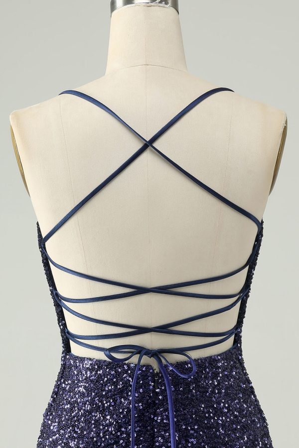 Sparkly Navy Sequins Tight Mini Dress With Fringes - Image 5